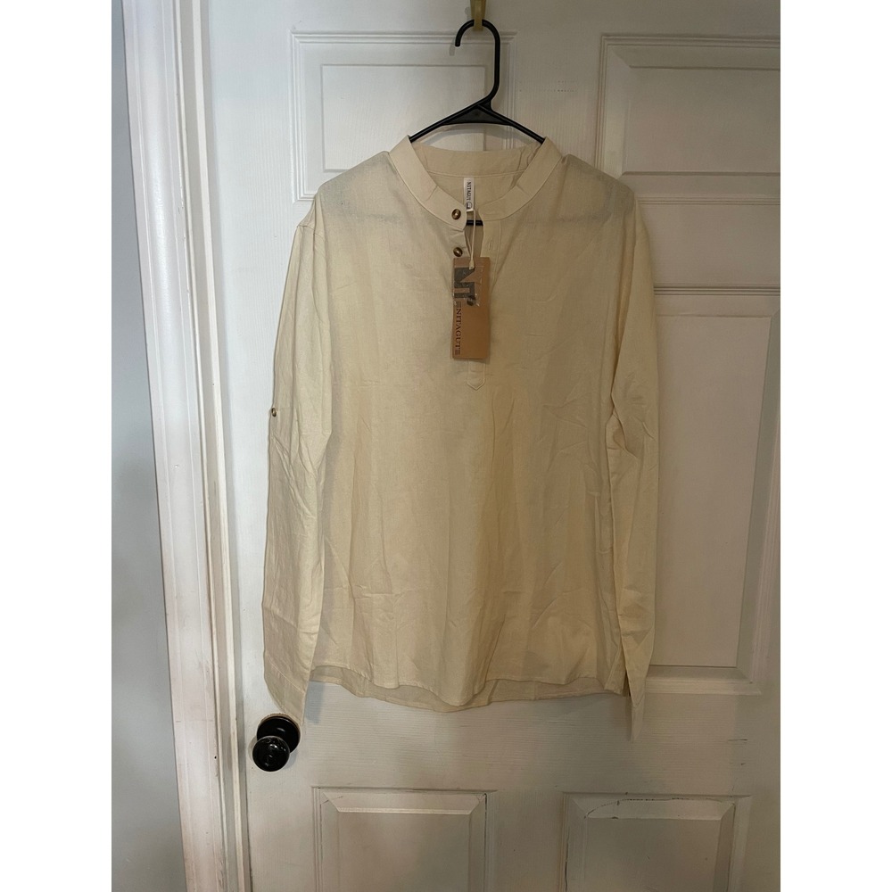 Nitagut Linen Blend Henley Shirt Cream Long Sleeve Band Collar Top Large NWT